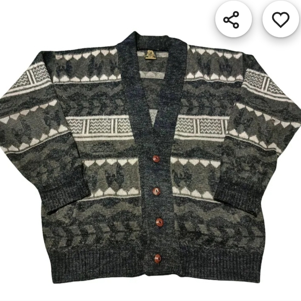 Tejidos Ruminahui V-neck Black/gray/white Knitted Woll   Cardigan Vintage Sz XL